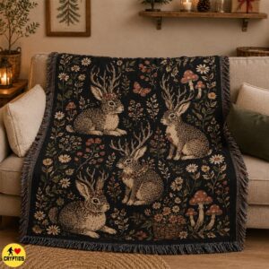 Jackalope Blanket Dark Botanical Cottagecore Throw