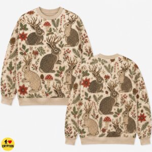 Jackalope Christmas Sweatshirt Cottagecore with Mushrooms & Candy Canes 5 Jackalope Christmas Sweatshirt Cottagecore with Mushrooms