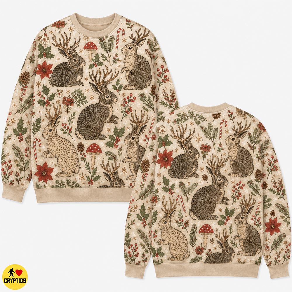 Jackalope Christmas Sweatshirt Cottagecore with Mushrooms & Candy Canes 2 Jackalope Christmas Sweatshirt Cottagecore with Mushrooms