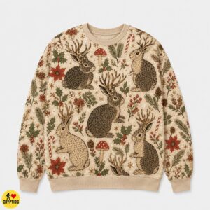 Jackalope Christmas Sweatshirt Cottagecore with Mushrooms