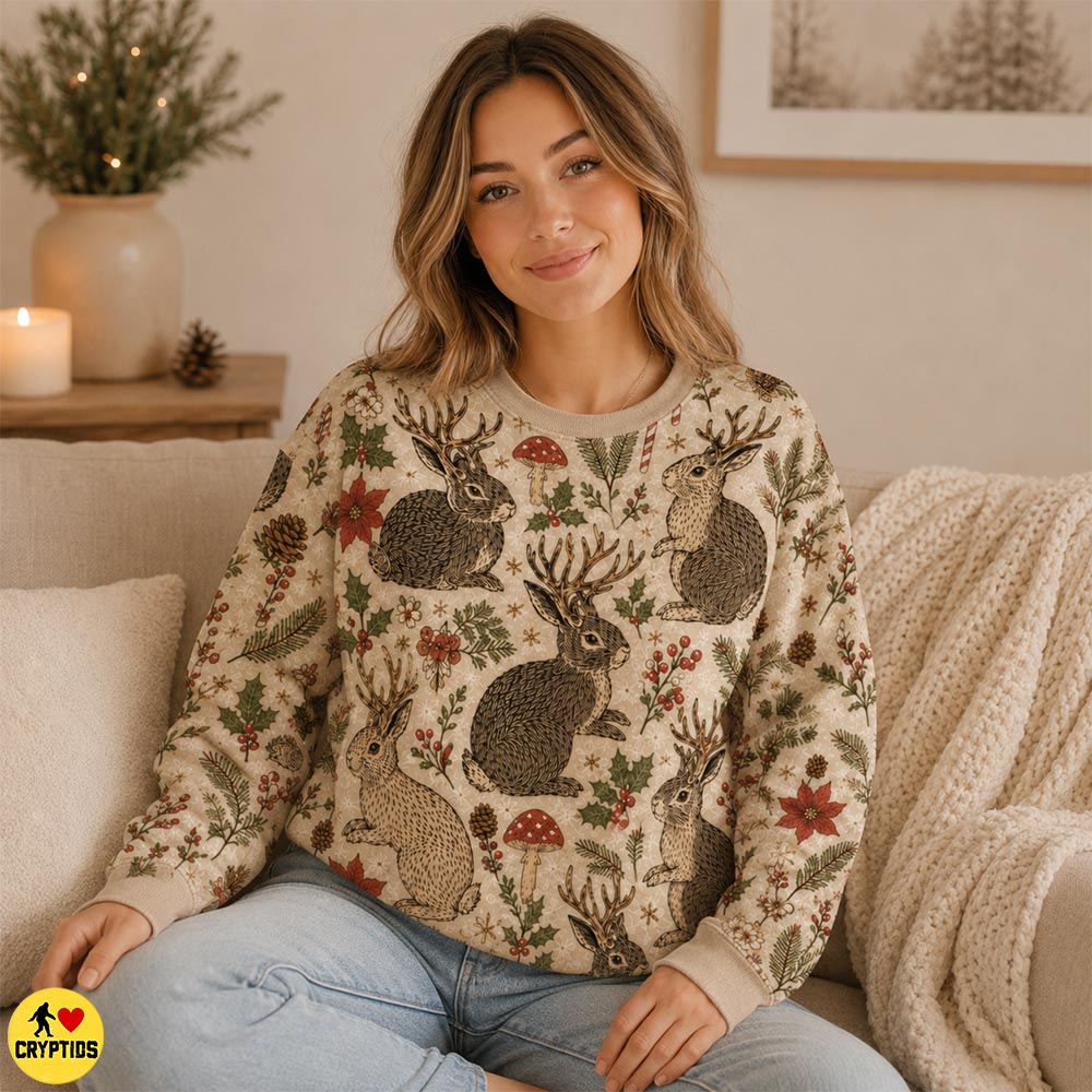 Jackalope Christmas Sweatshirt Cottagecore with Mushrooms & Candy Canes 3 Jackalope Christmas Sweatshirt Cottagecore with Mushrooms