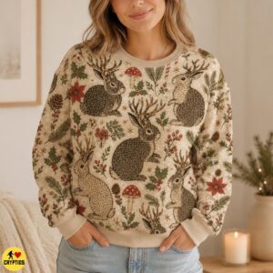 Jackalope Christmas Sweatshirt Cottagecore with Mushrooms & Candy Canes 7 Jackalope Christmas Sweatshirt Cottagecore with Mushrooms