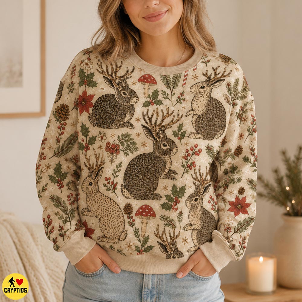 Jackalope Christmas Sweatshirt Cottagecore with Mushrooms & Candy Canes 4 Jackalope Christmas Sweatshirt Cottagecore with Mushrooms