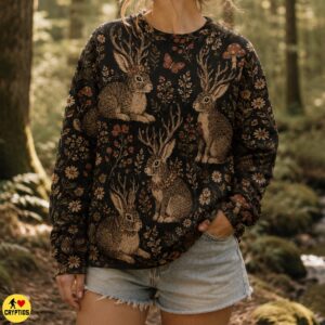 Jackalope Dark Cottacoge Sweatshirt & Hoodie Vintage Antlered Rabbits Florals 5 Jackalope Dark Cottacoge Sweatshirt & Hoodie