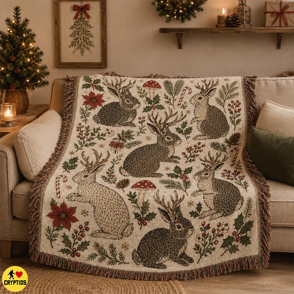 Jackalope Woven Blanket Christmas Cryptid Woodland Florals 2 Jackalope Woven Blanket Christmas Cryptid Woodland