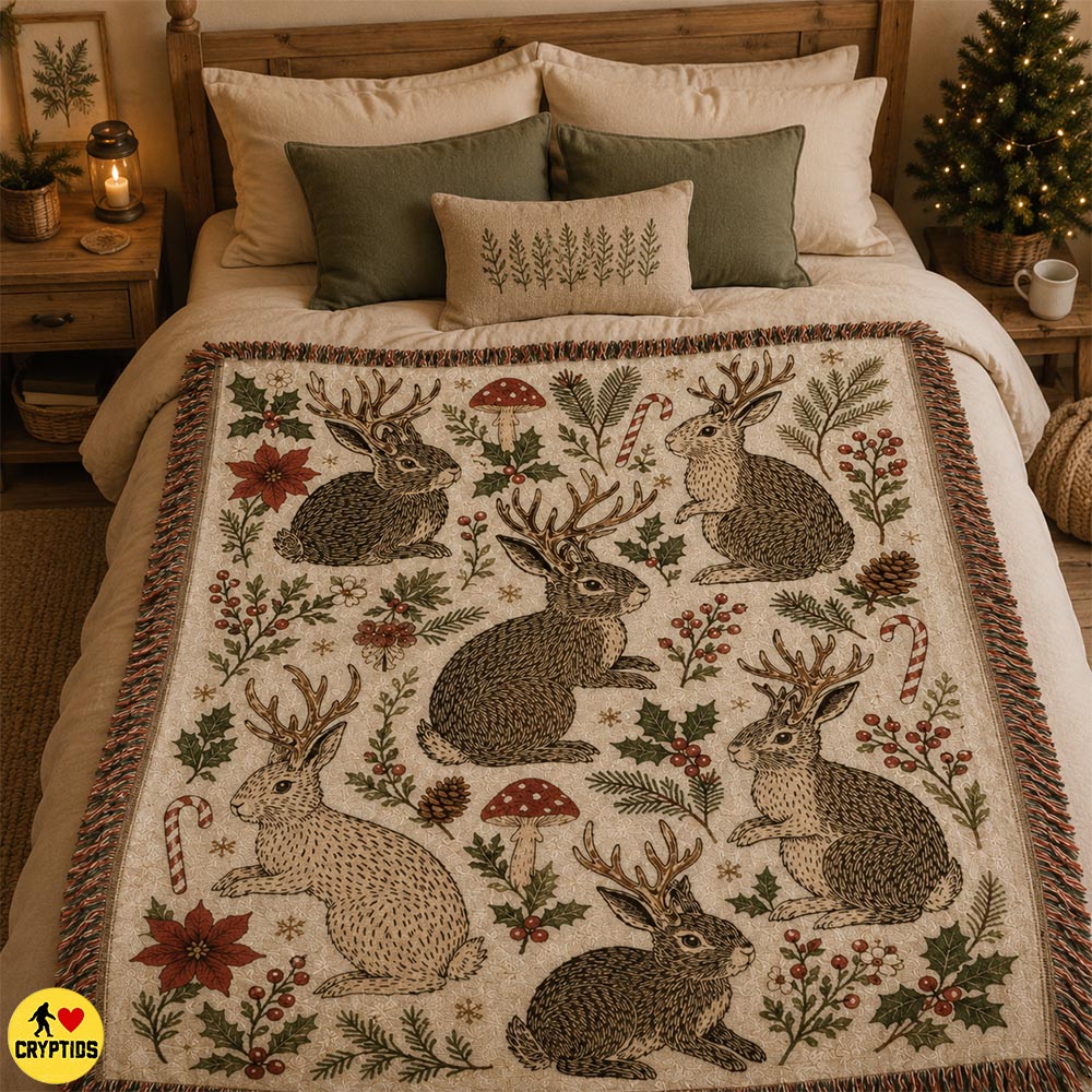 Jackalope Woven Blanket Christmas Cryptid Woodland Florals 3 Jackalope Woven Blanket Christmas Cryptid Woodland
