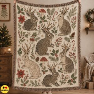 Jackalope Woven Blanket Christmas Cryptid Woodland Florals 7 Jackalope Woven Blanket Christmas Cryptid Woodland