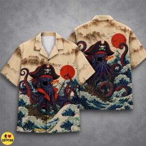 Japanese Kraken Pirate Hawaiian Shirt Ukiyo-e Style With Skull & Ghost Ship