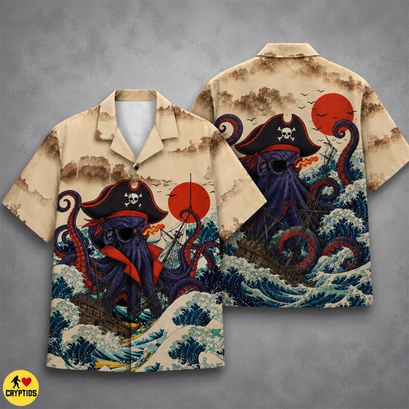 7 Best Kraken Hawaiian Shirts for Pirates & Sea Monster Fans 9 Japanese Kraken Pirate Hawaiian Shirt Ukiyo-e Style With Skull & Ghost Ship