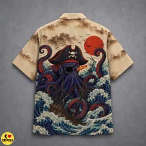 Japanese Kraken Pirate Hawaiian Shirt Ukiyo-e Style With Skull & Ghost Ship