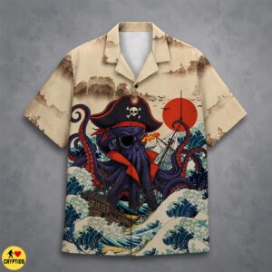 Japanese Kraken Pirate Hawaiian Shirt Ukiyo-e Style With Skull & Ghost Ship