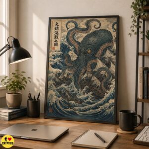 Japanese Kraken Wall Art, Ukiyo-e Octopus