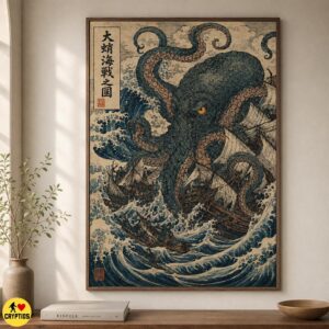 Japanese Kraken Wall Art, Ukiyo-e Octopus