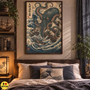 Japanese Kraken Wall Art, Ukiyo-e Octopus