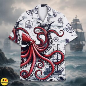 Kraken Sea Monster Hawaiian Shirt – Nautical Compass Button-Up Sailing Ships