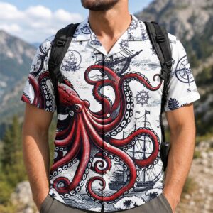 Kraken Sea Monster Hawaiian Shirt – Nautical Compass Button-Up Sailing Ships