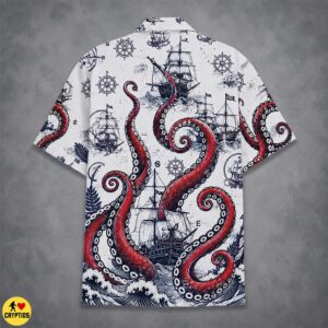 Kraken Sea Monster Hawaiian Shirt – Nautical Compass Button-Up Sailing Ships