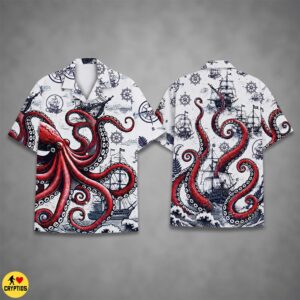 Kraken Sea Monster Hawaiian Shirt – Nautical Compass Button-Up Sailing Ships