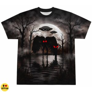 Mothman & Alien T-Shirt – Dark Forest Lake Reflection With UFO & Full Moon 5 Mothman & Alien Shirt – Dark Forest Lake Reflection With UFO & Full Moon