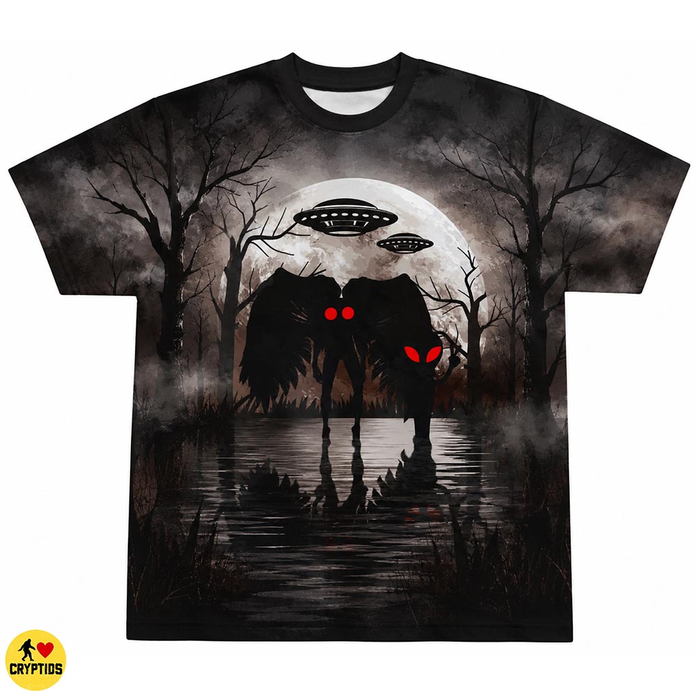 Mothman & Alien T-Shirt – Dark Forest Lake Reflection With UFO & Full Moon 2 Mothman & Alien Shirt – Dark Forest Lake Reflection With UFO & Full Moon