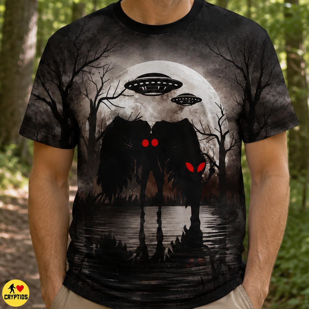 Mothman & Alien T-Shirt – Dark Forest Lake Reflection With UFO & Full Moon 3 Mothman & Alien Shirt – Dark Forest Lake Reflection With UFO & Full Moon