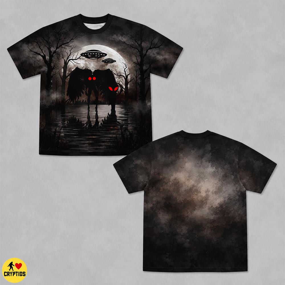 Mothman & Alien T-Shirt – Dark Forest Lake Reflection With UFO & Full Moon 4 Mothman & Alien Shirt – Dark Forest Lake Reflection With UFO & Full Moon