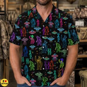 Neon Bigfoot & Alien Hawaiian Shirt Colorful Cryptid UFO Space 6 Neon Bigfoot & Alien Hawaiian Shirt Colorful Cryptid UFO Space