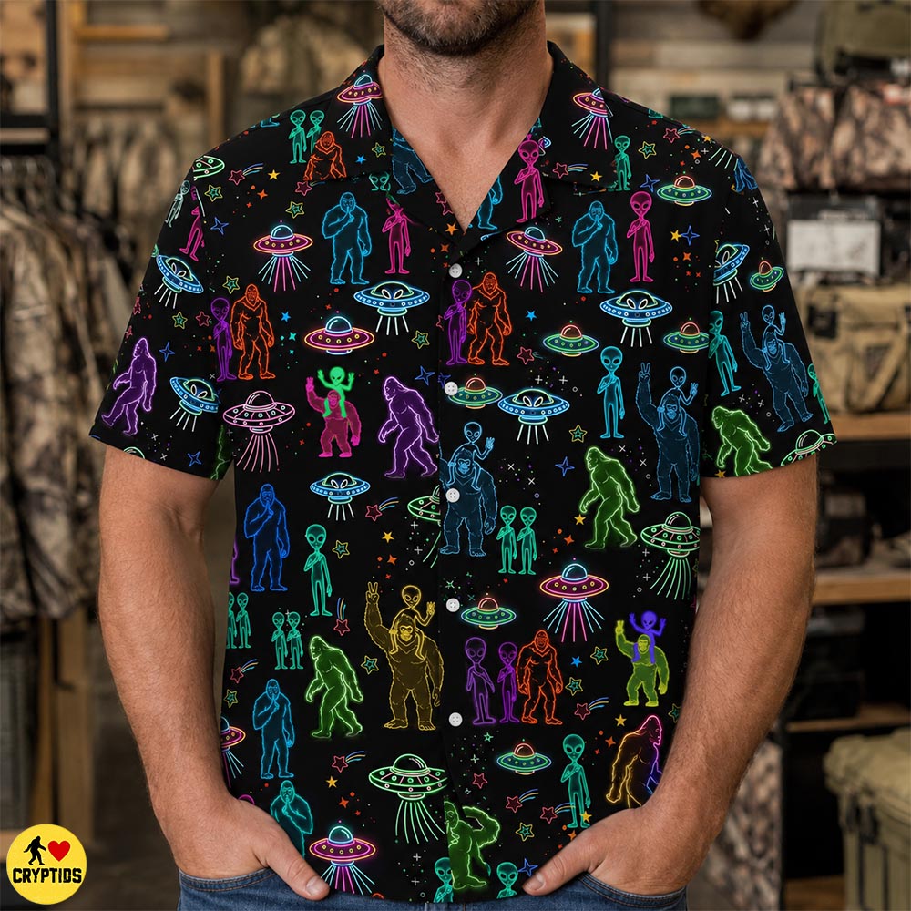 Neon Bigfoot & Alien Hawaiian Shirt Colorful Cryptid UFO Space 3 Neon Bigfoot & Alien Hawaiian Shirt Colorful Cryptid UFO Space