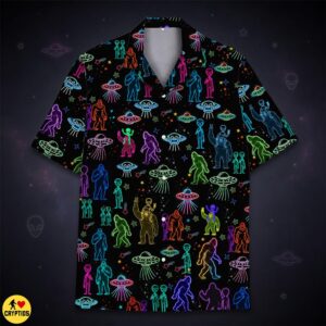 Neon Bigfoot & Alien Hawaiian Shirt Colorful Cryptid UFO Space 5 Neon Bigfoot & Alien Hawaiian Shirt Colorful Cryptid UFO Space