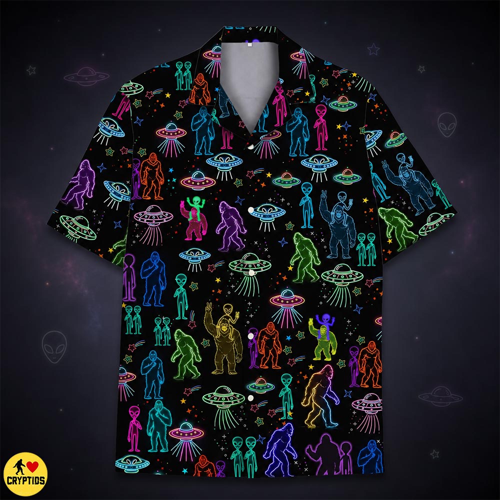 Neon Bigfoot & Alien Hawaiian Shirt Colorful Cryptid UFO Space 2 Neon Bigfoot & Alien Hawaiian Shirt Colorful Cryptid UFO Space