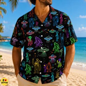 Neon Bigfoot & Alien Hawaiian Shirt Colorful Cryptid UFO Space 7 Neon Bigfoot & Alien Hawaiian Shirt Colorful Cryptid UFO Space