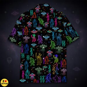 Neon Bigfoot & Alien Hawaiian Shirt Colorful Cryptid UFO Space