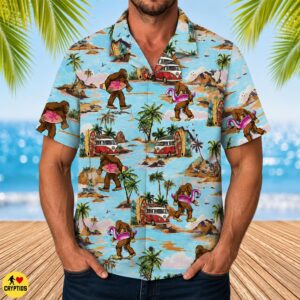 Retro Bigfoot Surfing Hawaiian Shirt VW Bus Flamingo Beach Vacation