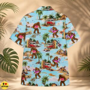 Retro Bigfoot Surfing Hawaiian Shirt VW Bus Flamingo Beach Vacation 4 Retro Bigfoot Surfing Hawaiian Shirt VW Bus Flamingo Beach Vacation