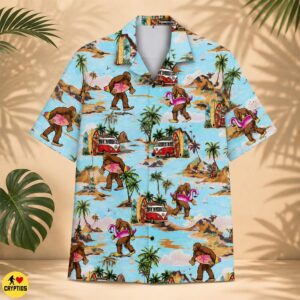 Retro Bigfoot Surfing Hawaiian Shirt VW Bus Flamingo Beach Vacation 5 Retro Bigfoot Surfing Hawaiian Shirt VW Bus Flamingo Beach Vacation