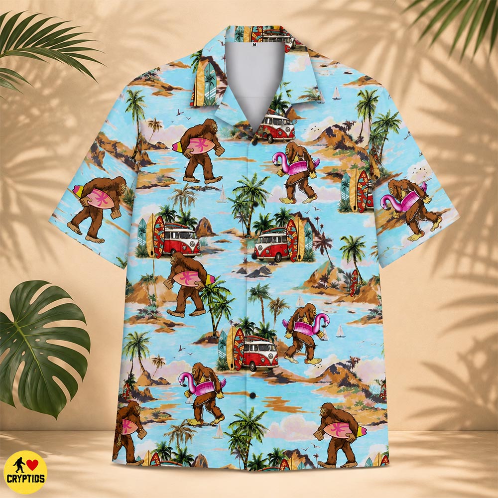 Retro Bigfoot Surfing Hawaiian Shirt VW Bus Flamingo Beach Vacation 3 Retro Bigfoot Surfing Hawaiian Shirt VW Bus Flamingo Beach Vacation