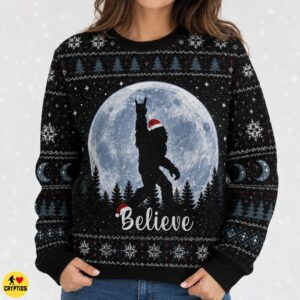 Rockin' Bigfoot Believe Ugly Christmas Sweatshirt