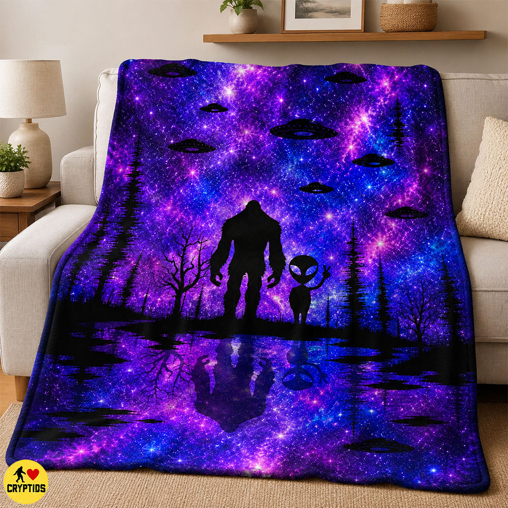 Sasquatch And Alien Peace Sign Blanket Galaxy UFO Night Sky 2 Sasquatch And Alien Peace Sign Blanket