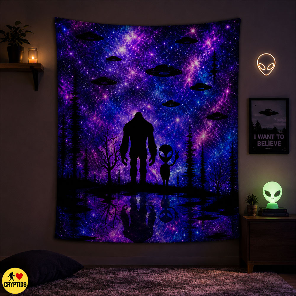 Sasquatch And Alien Peace Sign Blanket Galaxy UFO Night Sky 3 Sasquatch And Alien Peace Sign Blanket