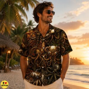 Steampunk Kraken Hawaiian Shirt Sea Monster Octopus With Gears Clockwork