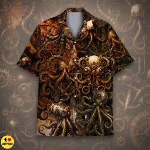 Steampunk Kraken Hawaiian Shirt Sea Monster Octopus With Gears Clockwork