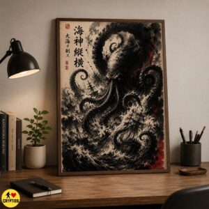 Sumi-e Kraken Wall Art , Japanese Ukiyo-e Giant Octopus Poster & Canvas 7 Sumi-e Kraken Wall Art , Japanese