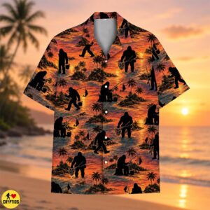Sunset Bigfoot Fishing Hawaiian Shirt Gift for Fisherman