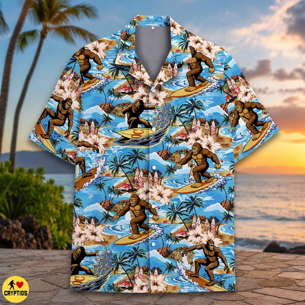Surfing Bigfoot Hawaiian Shirt Tropical Beach with Palm Trees & Hibiscus 2 Surfing Bigfoot Hawaiian Shirt Tropical Beach with Palm Trees & Hibiscus
