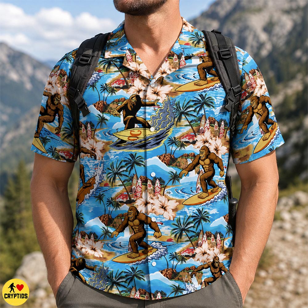 Surfing Bigfoot Hawaiian Shirt Tropical Beach with Palm Trees & Hibiscus 3 Surfing Bigfoot Hawaiian Shirt Tropical Beach with Palm Trees & Hibiscus