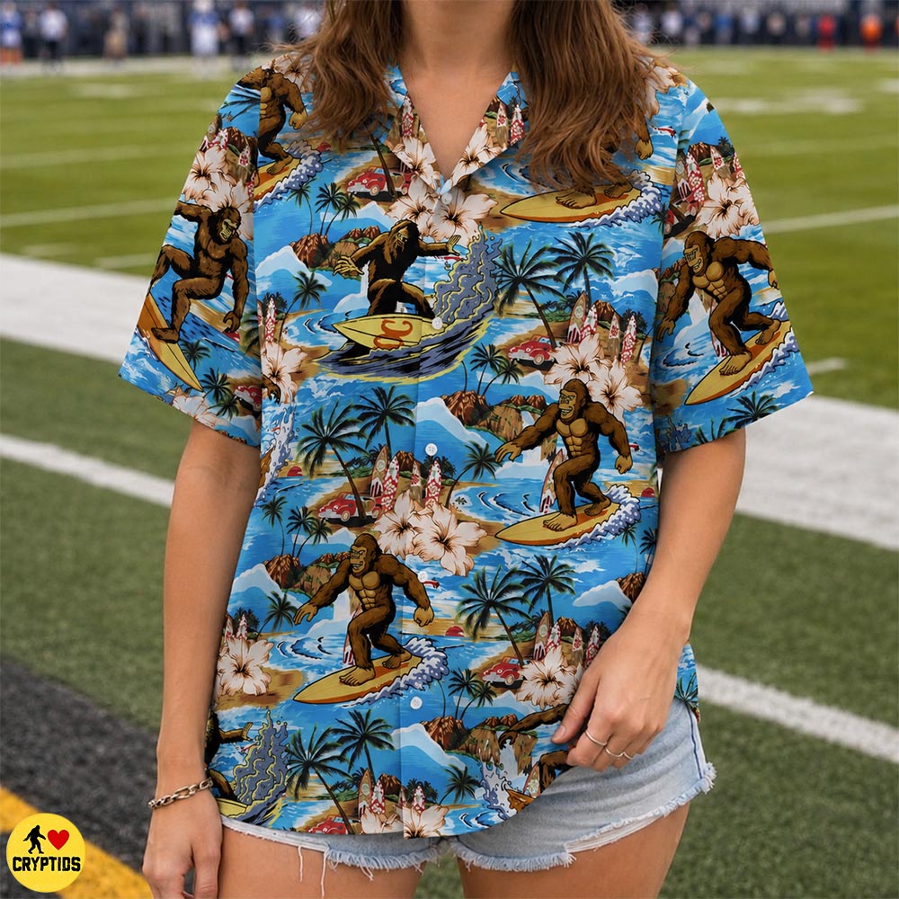 Surfing Bigfoot Hawaiian Shirt Tropical Beach with Palm Trees & Hibiscus 4 Surfing Bigfoot Hawaiian Shirt Tropical Beach with Palm Trees & Hibiscus