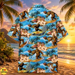 Surfing Bigfoot Hawaiian Shirt Tropical Beach with Palm Trees & Hibiscus