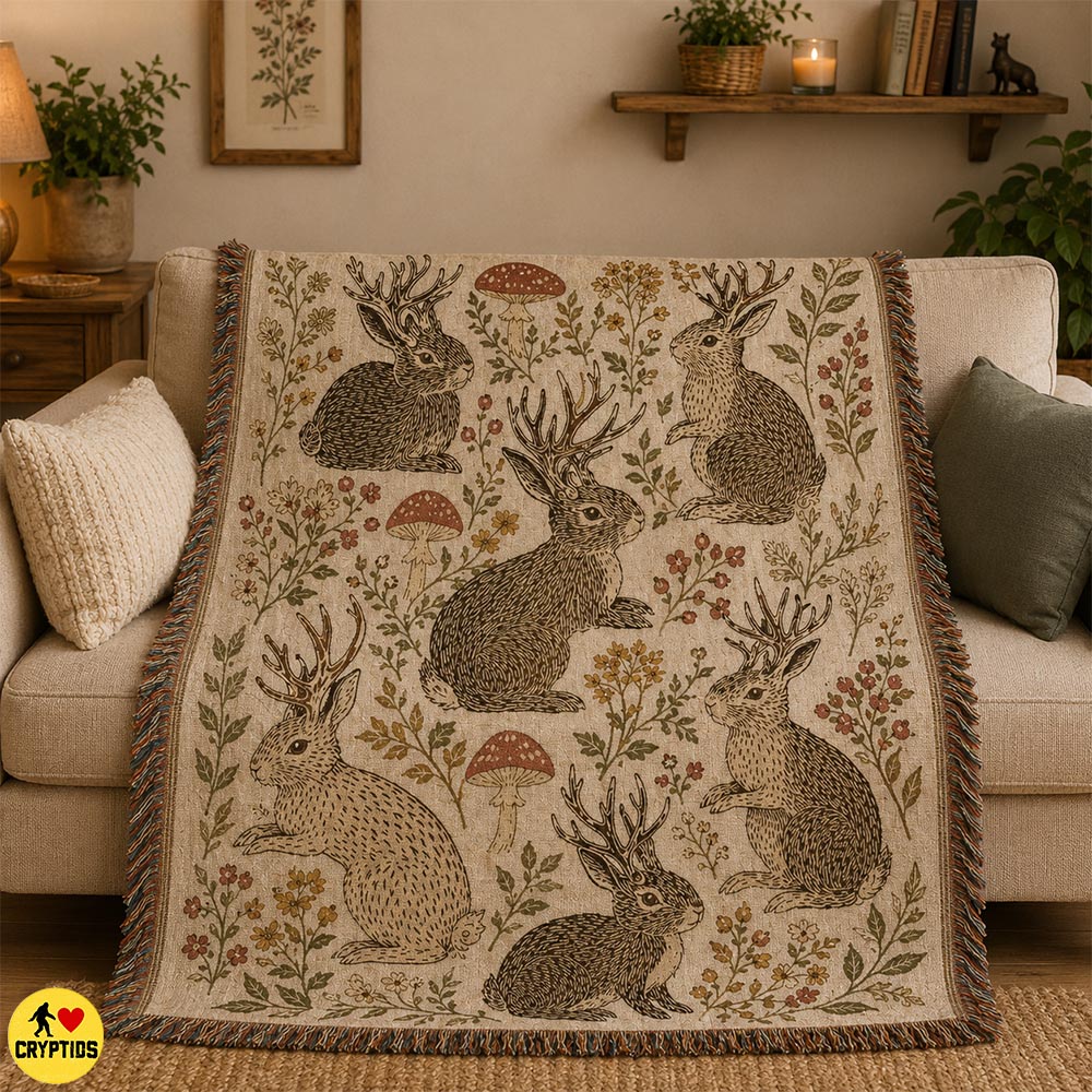 Vintage Jackalope Blanket Cottagecore Florals, Mushrooms & Antlered Rabbits 2 Vintage Jackalope Blanket Cottagecore Florals, Mushrooms