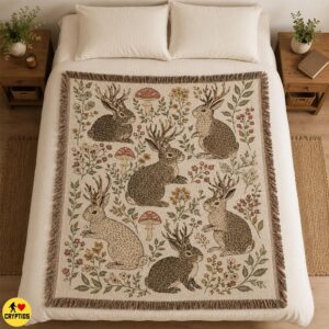 Vintage Jackalope Blanket Cottagecore Florals, Mushrooms
