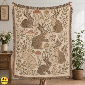 Vintage Jackalope Blanket Cottagecore Florals, Mushrooms & Antlered Rabbits 7 Vintage Jackalope Blanket Cottagecore Florals, Mushrooms